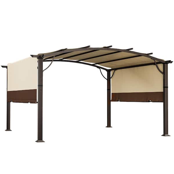 12 ft. x 12 ft. Brown Aluminum Outdoor Pergola with Slightly Arched Canopy and Retractable Shade