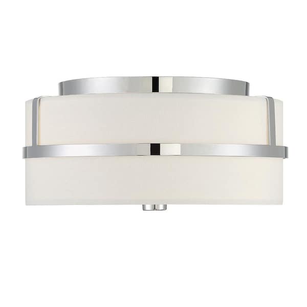 Savoy House 13 in. W x 6 in. H 2-Light Polished Nickel Outdoor Flush Mount Light with White Glass Drum Shade