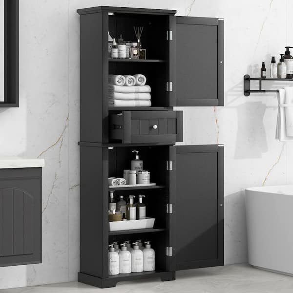 22 in. W x 11 in. D x 67.7 in. H Black Wood Freestanding Adjustable Shelf Bathroom Linen Cabinet with 2-Door and Drawer