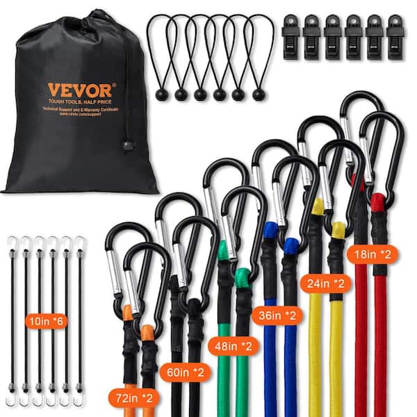 30 Piece Bungee Cords Assortment, 8 mm Heavy Duty Bungee Straps w/ A3 Steel Carabiners, Includes 10 in., 18 in., 24 in.
