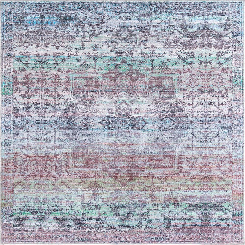 Blue Green Square Synthetic Medallion Washable Rug
