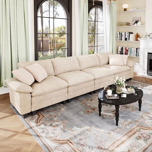 PHI VILLA 157.5 in. Flared Arm 4-Seat Chenille Modular Sectional Sofa in Beige with 4 Throw Pillows for Living Room