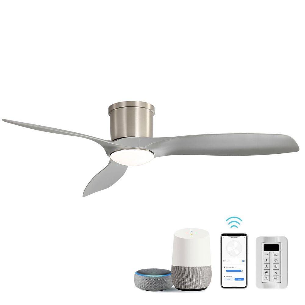 52 in. Indoor/Outdoor Nickel Smart Flush Mount Ceiling Fan with Dimmable LED Light and 6 Speed Remote and APP Control