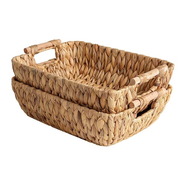 2-Pack Hand-Woven Storage Baskets with Wooden Handles, Water Hyacinth Wicker Baskets for Organizing, Pale Straw Yellow