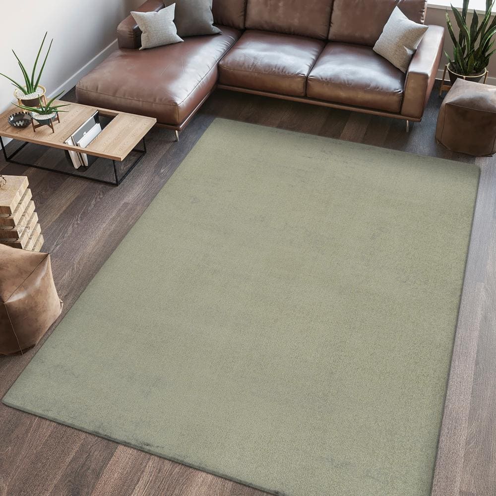 Sage Green Low-Pile Machine-Washable Synthetic Rectangular Area Rug