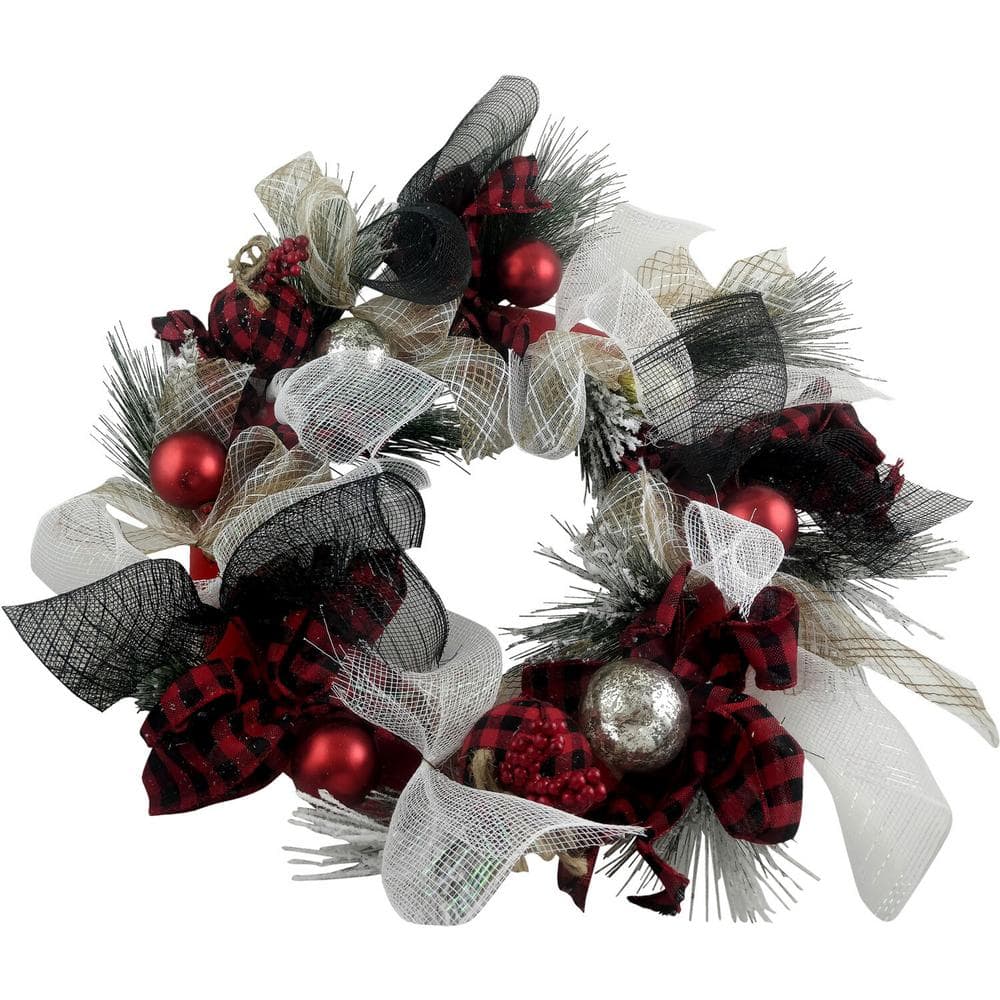 20 in. Artificial Christmas Wreath with Ornaments and Buffalo Plaid Bows