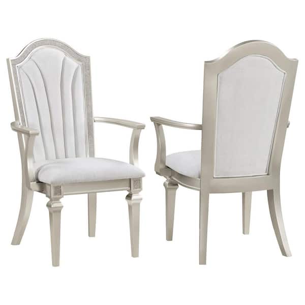 Coaster Evangeline Ivory and Silver Fabric Dining Arm Chair with Faux Diamond Trim Set of 2