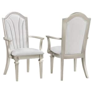 Evangeline Ivory and Silver Fabric Dining Arm Chair with Faux Diamond Trim Set of 2
