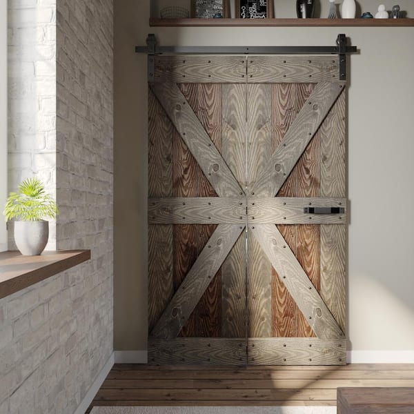Coast Sequoia 48 in. x 80 in. Embossing Dark Walnut/Aged Barrel Solid Pine Wood Bi-Fold Barn Door with Hardware Kit
