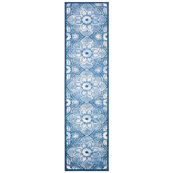 Martha Stewart 2 ft. x 10 ft. Navy/Creme Floral Kaleidoscope Runner Rug