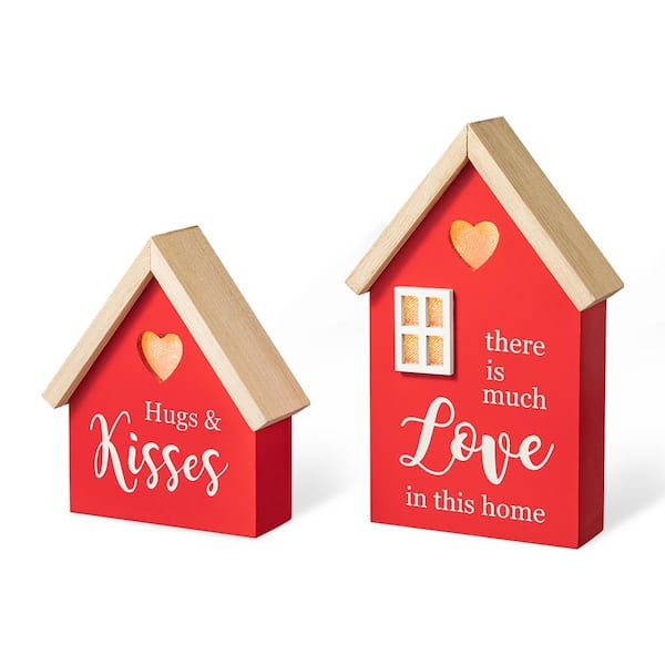 Glitzhome 8.50 in. H Valentine's Lighted Wooden House-shaped Table Decor（Set of 2）