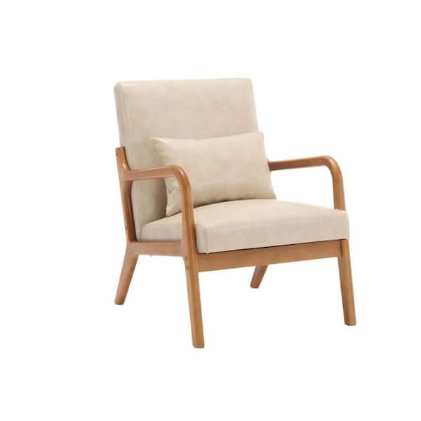 HOMEFUN Mid Century Modern khaki PU Leather Upholstered Wooden Frame Accent Armchair with Pillow and Cushion
