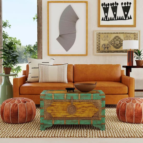Butler Specialty Company Nador 32 in. W Blue and Yellow Rectangular Hand-Painted Wood and Brass Inlay Storage Trunk Coffee Table