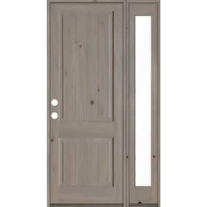 50 in. x 96 in. Rustic Knotty Alder Square Top Right-Hand/Inswing Glass Grey Stain Wood Prehung Front Door with RFSL