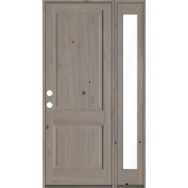 Krosswood Doors 50 in. x 96 in. Rustic Knotty Alder Square Top Right-Hand/Inswing Glass Grey Stain Wood Prehung Front Door with RFSL