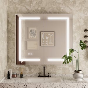 White Wood Bathroom Wall Cabinet with Mirror, Dimmable Lights, Frameless Surface Mount, 35.4 in. W x 31.5 in. H