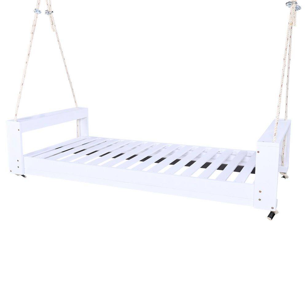 Minimalist White Wood Patio Porch Swing with Hemp Ropes