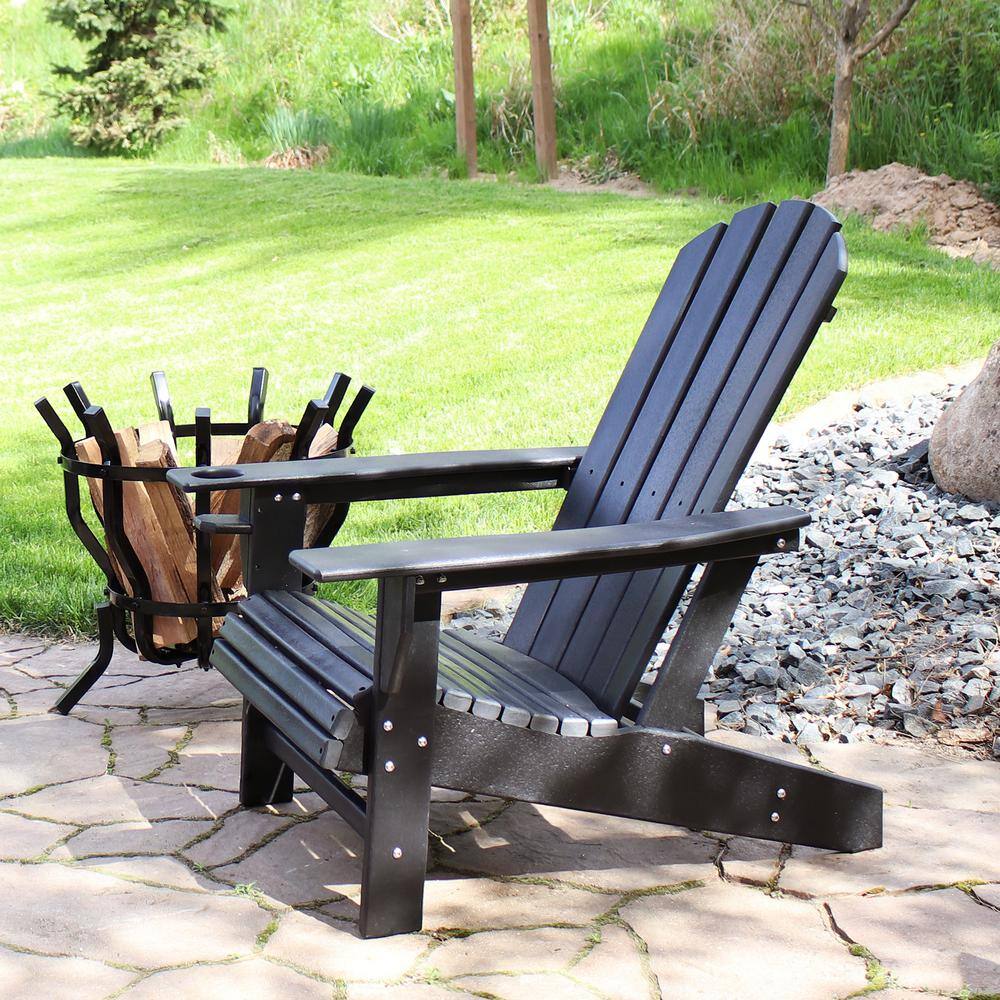Black HDPE Outdoor Adirondack Chair with Cup Holder