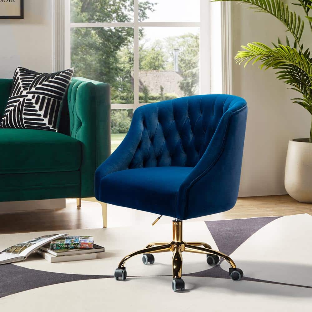 Navy Velvet Ergonomic Swivel Task Chair with Gold Legs