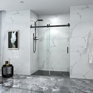 Foyil 72 in. W x 76 in. H Sliding Frameless Shower Door in Matte Black Finish with Clear Glass