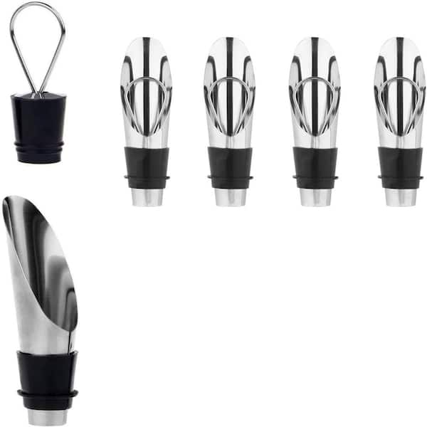 5-Piece 2-in-1 Stainless Steel Wine Aerator and Pourer Set with Silicone Stoppers No-Drip in Silver