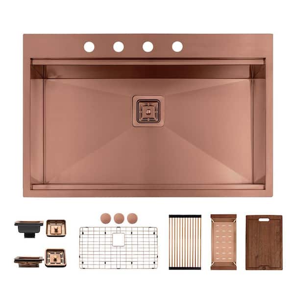 33 in. Drop-In/Undermount Single Bowl 16 Gauge Copper Stainless Steel Workstation Kitchen Sink with Accessories