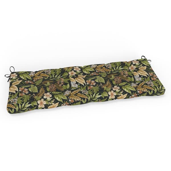 Pillow Perfect Tropic Floral 60 in W x 5 in H Rectangular Outdoor Tufted Blown Bench Cushion with Ties 1-Count in Black Carena Ebony