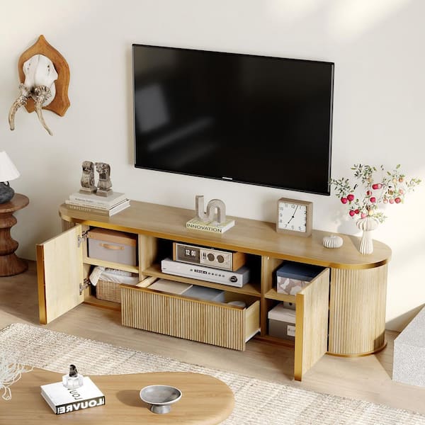 FUFU&GAGA Natural Wood Vertical Textured TV Stand Entertainment