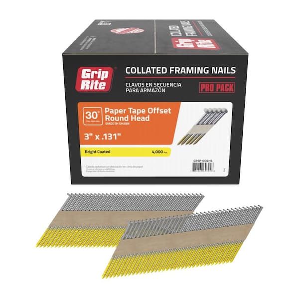 Grip-Rite 3 in. x 0.131 in. 30° Paper Collated Bright Coated Smooth Shank Offset Round Head Nails 4000 per Box