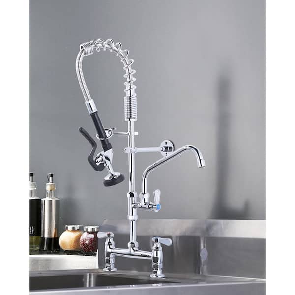 26 in. Commercial Triple Handle Pull Down Kitchen Faucet with Pre Rinse Sprayer in Chrome