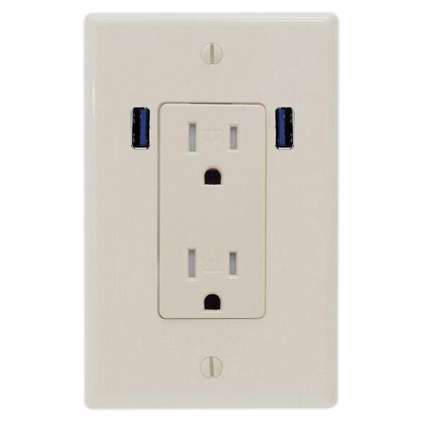 U-Socket 15 Amp Decor Tamper Resistant Duplex Wall Outlet with 2 Built-in USB Charging Ports - Light Almond