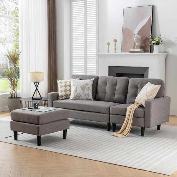 Convertible L-Shaped Sectional Sofa, Modern Pillow Top Arm Gray Linen Fabric Couch with Reversible Chaise 80 in.