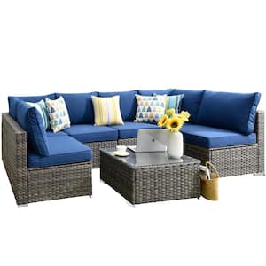 Messi Gray 7-Piece Wicker Outdoor Patio Conversation Sectional Sofa Set with Navy Blue Cushions