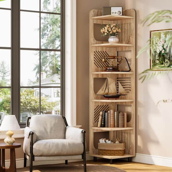 Eulas 71.9 in. Tall Natural Color Wood 6-Shelf Standard Bookcase Storage Rack, Corner Display Bookshelf