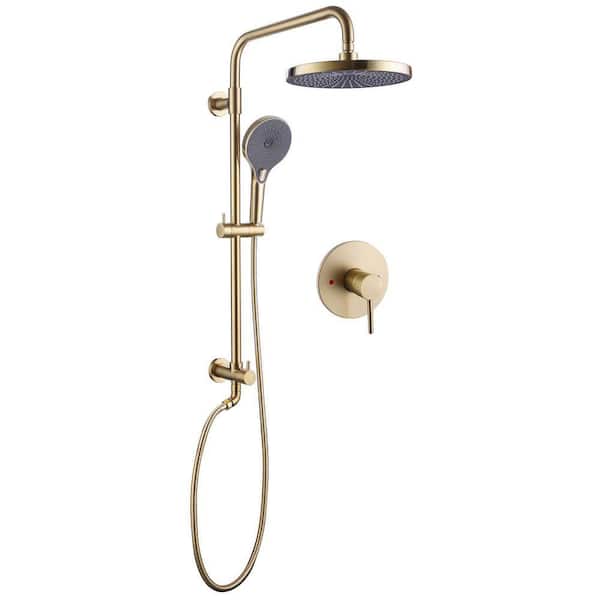 Single Handle 3-Spray Wall Mount Shower Faucet 1.8 GPM with Pressure Balance Brass Exposed Shower System in Brushed Gold