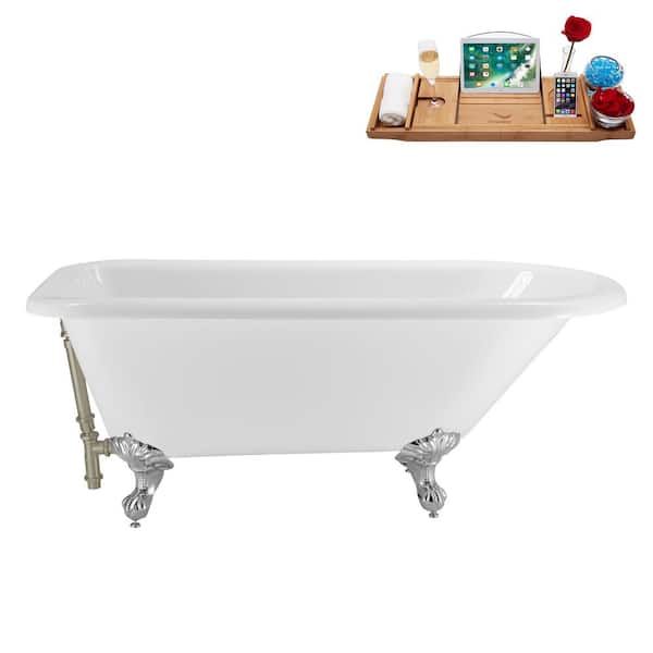 Streamline 62 in. x 29 in. Acrylic Clawfoot Soaking Bathtub in Glossy White with Brushed Nickel Drain, Polished Chrome Clawfeet