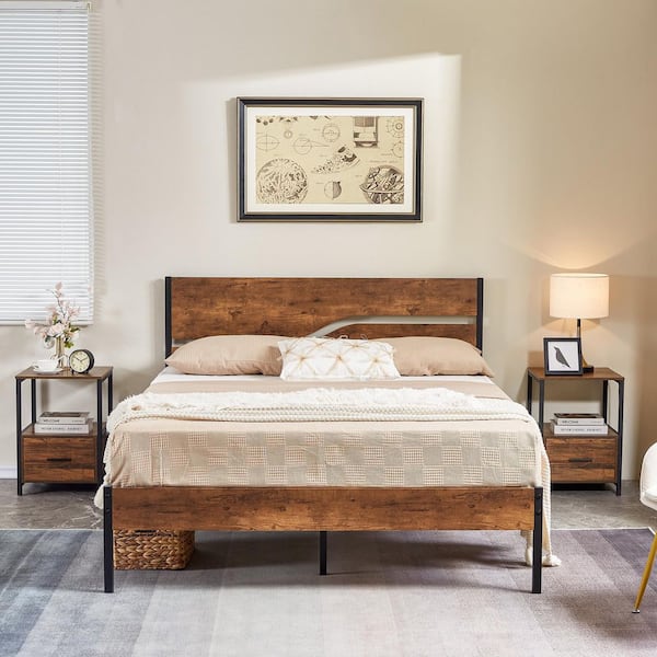 Full Metal Platform Bed Frame with Wooden Headboard，Platform Bed with Metal Frame Under Bed Storage，56.6"W，Brown