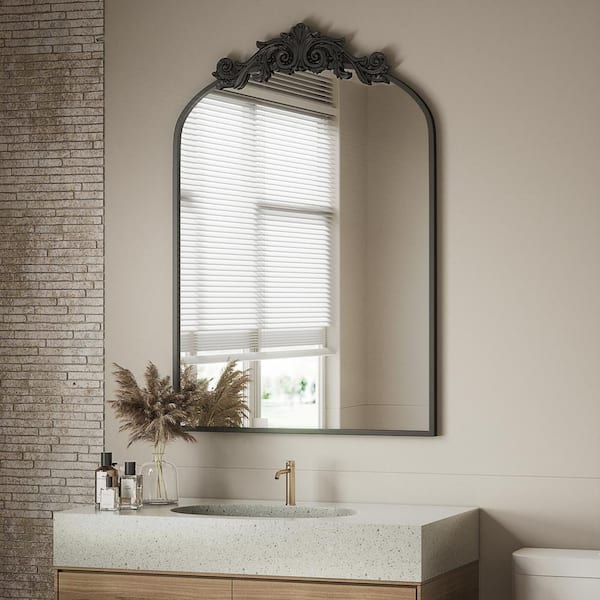 GLSLAND 26 in. W x 41 in. H Arched Black Metal Framed with Carved Decoration Vanity Mirror Wall Mirror