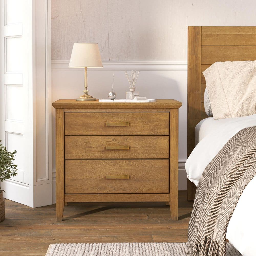 Farmhouse Solid Wood Nightstand 3 Drawers Storage Bedside Table with Handles for Living Room in Light Brown Set of 1