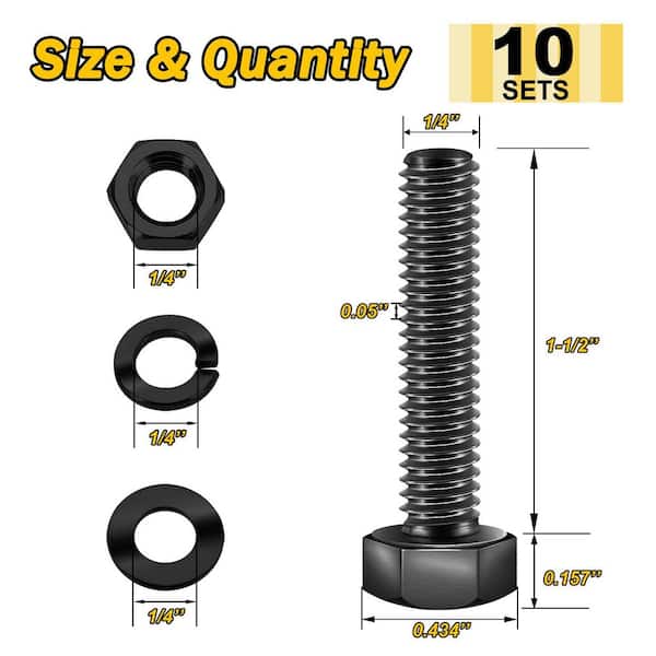 1/4 in.-20 x 1-1/2 in. Black Oxide Stainless Steel Hex Bolt with Nut, Washer and Lock Washer (10-Pack)