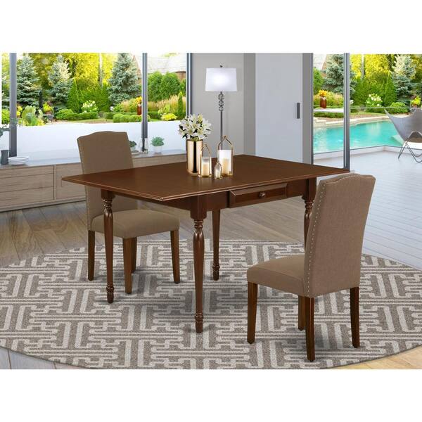 East West Furniture 3-Piece Mahogany Finish Solid Wood Top With Dropleaf Dining Table Set for Small Spaces