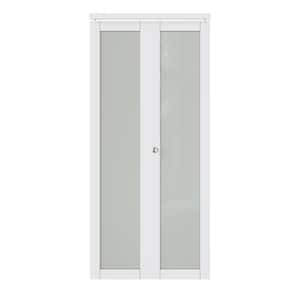 36 in. x 80 in. 1-Lite Frosted Glass Solid Core MDF White Finished Closet Bifold Door with Hardware