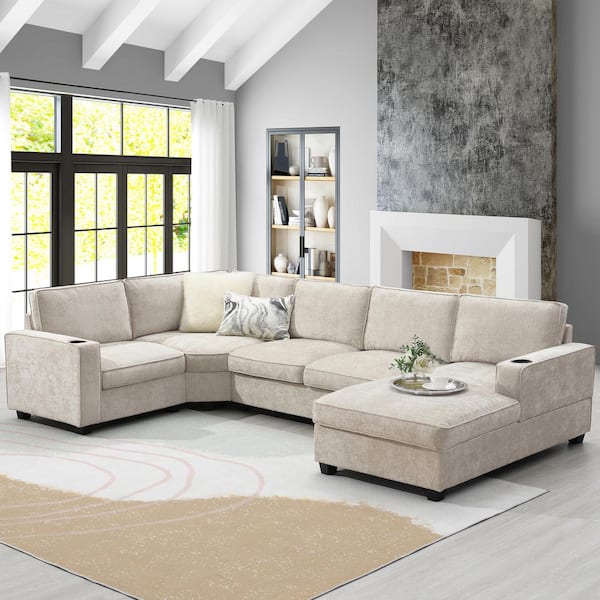aisword 119 x 67 in. Deep and Wide U-Shaped Chenille 6-Seat Irregular Corner Sectional Sofa in. Beige with Cup Holders