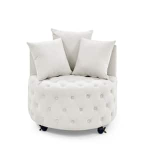 Beige Velvet Upholstered Swivel Chair with Button Tufted Design and Movable Wheels