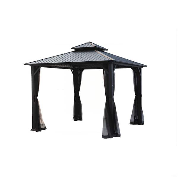 10 ft. W x 10 ft. D Steel Frame Rectangle Double Roof Hardtop Outdoor Gazebo with Ceiling Hook and Netting
