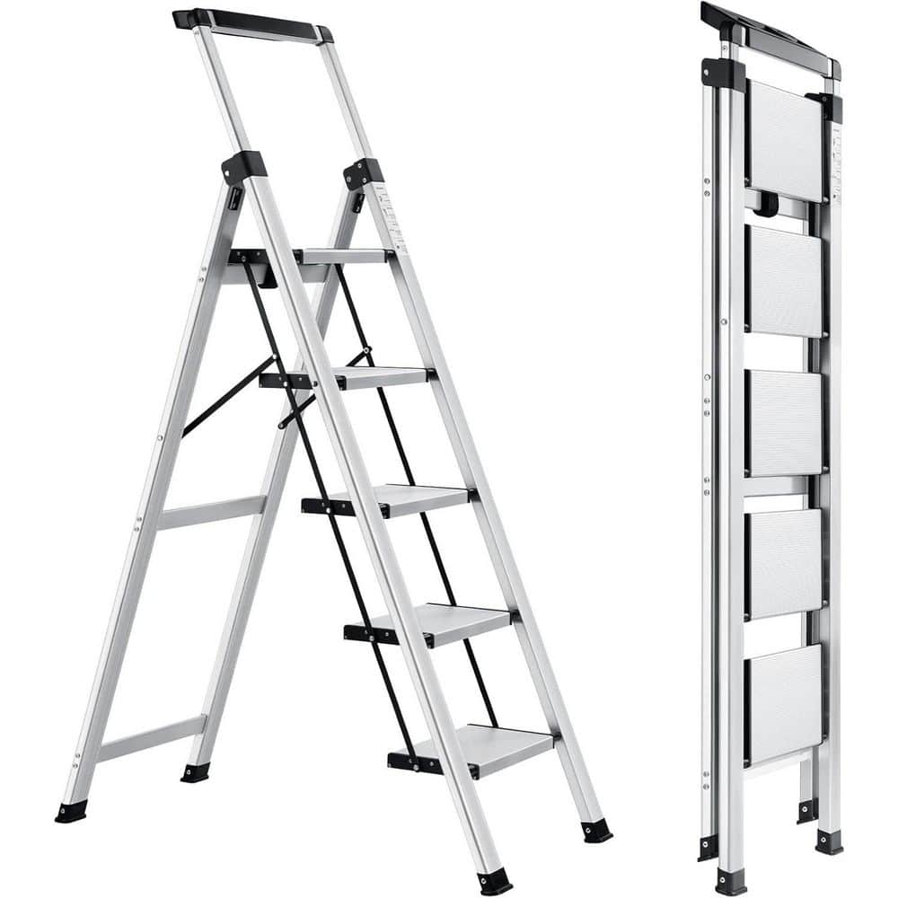 5-Step Aluminum Folding Library Ladder with Anti-Slip Wide Pedal, Retractab