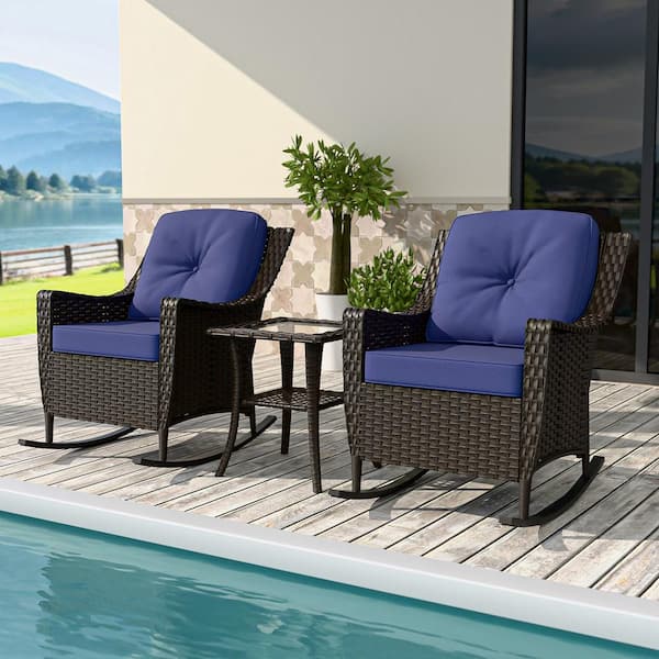 EAGLE PEAK Brown Rattan Wicker 3-Piece Outdoor Patio Conversation Set with Rocking Chairs, Table, and Blue Cushions
