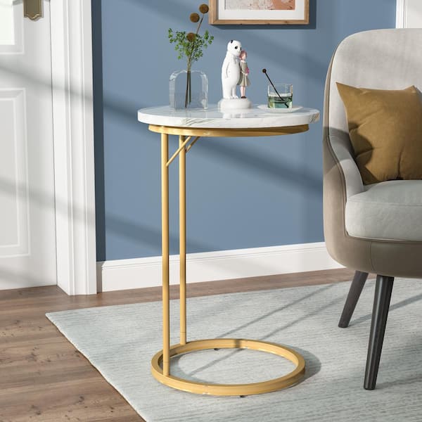 Tribesigns Eric 15.75 in. White Marbling and Gold C-Shape Wood End Table with Faux Marble Tabletop and Gold Metal
