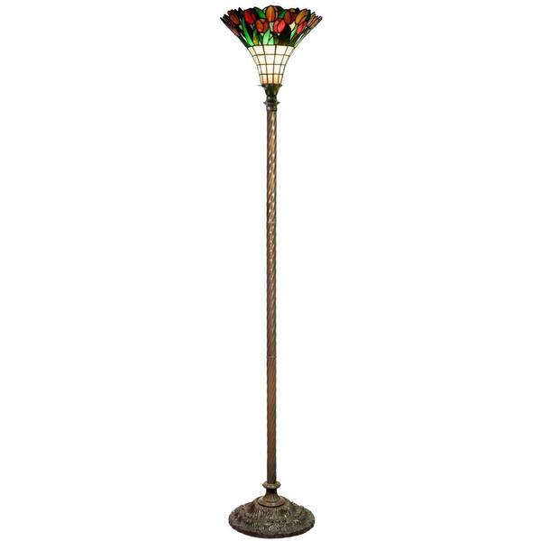 Warehouse of Tiffany 72 in. Antique Bronze Tulip Stained Glass Floor Lamp with Foot Switch