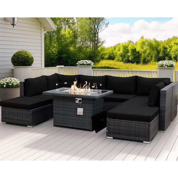 FINCATI 9 Pieces Large Gray Wicker Patio Deep Seating Sectional Sofa Set with Fire Pit Table Black Cushions and Ottomans